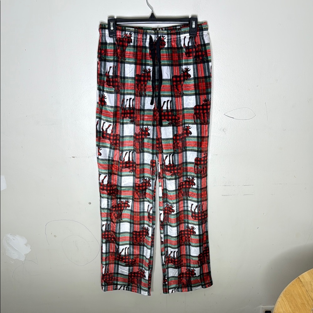 Bottoms Out Polyester Plaid Pajama Pants with Moose Print Size Medium